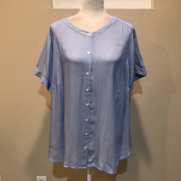 NWT LOFT Plus Blue & White Striped Button Down Round Hem Short Sleeve Top-Sz 18 - Picture 1 of 12